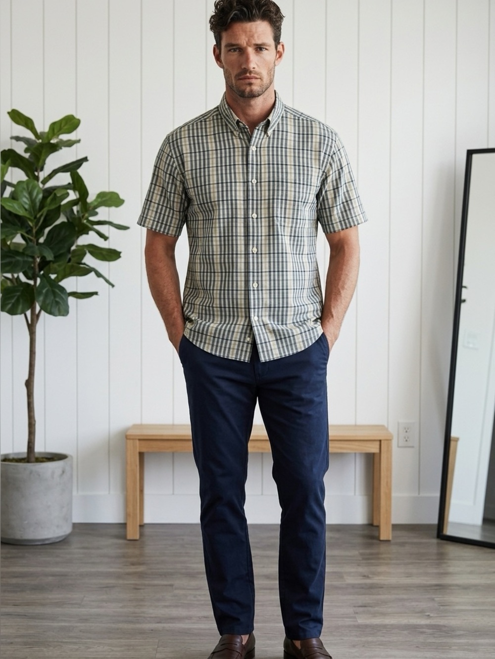 Sedgefield Short-Sleeve Button-Down Plaid Shirt - Blue & Cream